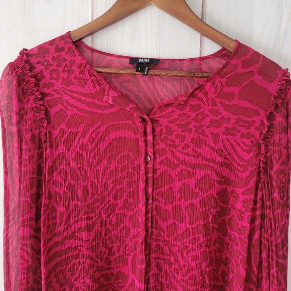 PAIGE Long Sleeve 100% Silk Blouse, Women’s L, Red, Sheer, Animal Print, EUC - Picture 2 of 9
